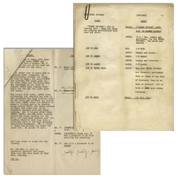 Moe Howard's 29pp. Script for The Three Stooges 1949 Pilot TV Show ''Jerks of All Trades'' With Shemp -- Annotated Though Not Necessarily by Moe -- 8.5'' x 11'' -- Very Good Condition